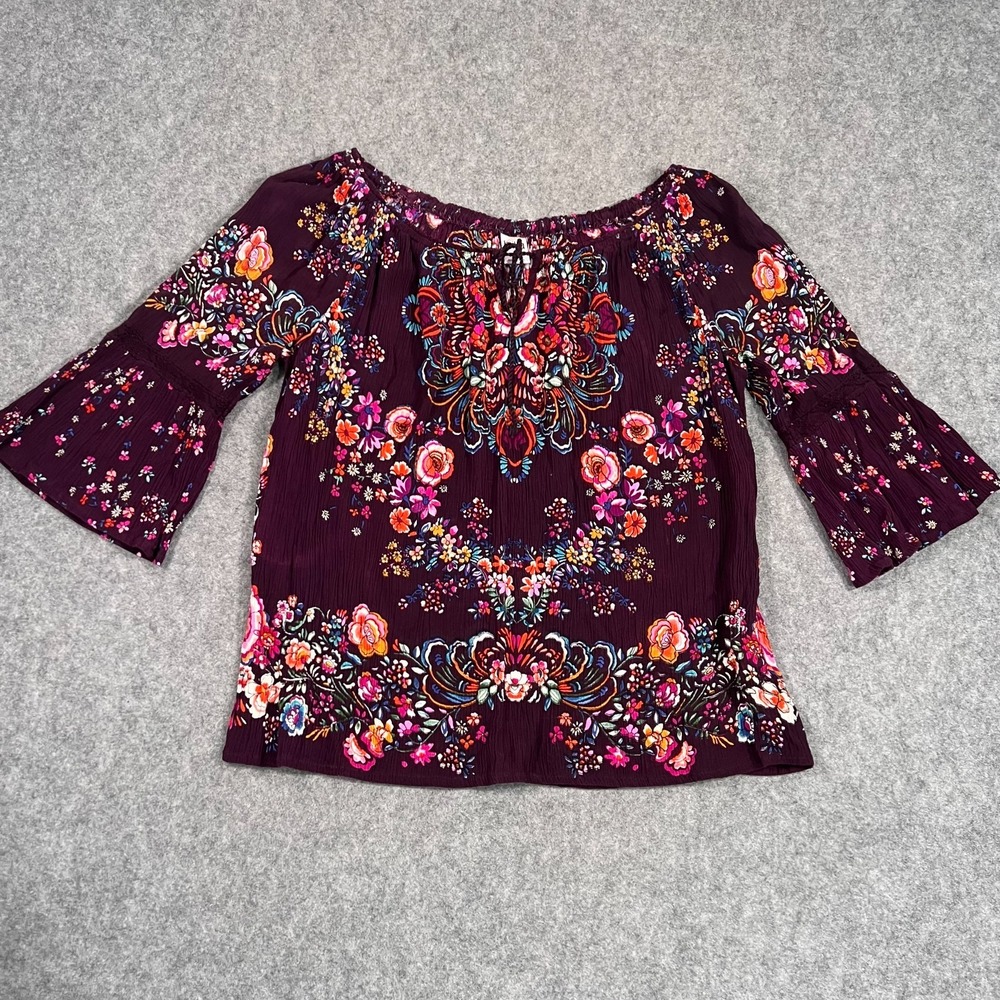 Bila Burgundy Floral Off-The-Shoulder Long Sleeve Top Women's Size Medium